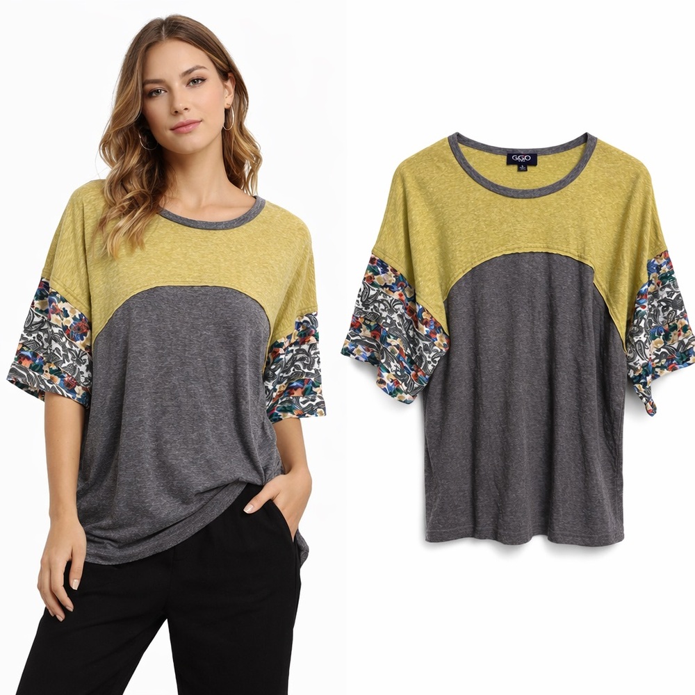 GiGiO‎ Colorblock Mixed Print Ruffle Sleeve Top Yellow Grey TC2094 Small